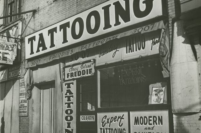 Tattoo shop of “Coney Island Freddie” just prior to New York City’s ban on tattooing, 1961<br/>
